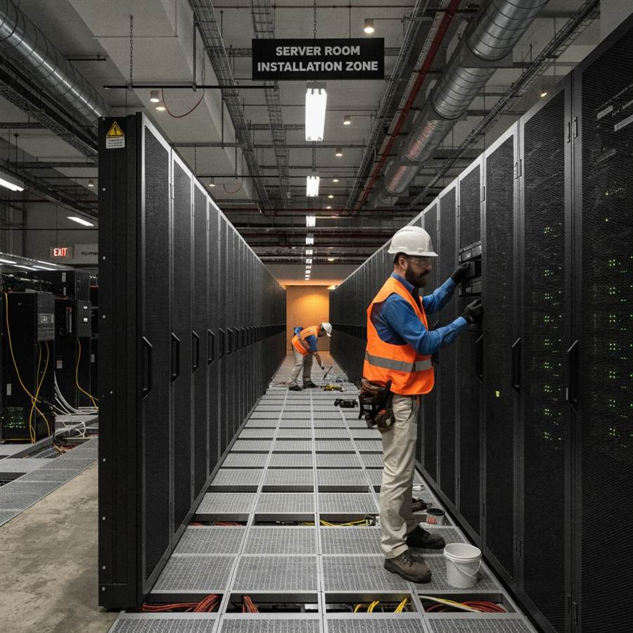Technicians installing server racks in a data center installation zone