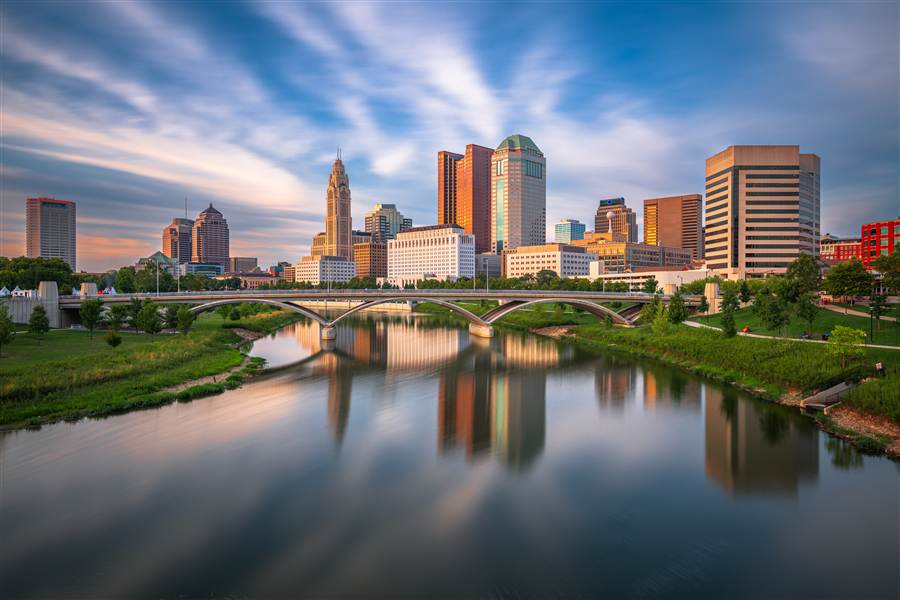 Downtown Columbus, Ohio skyline reflected in the Scioto River