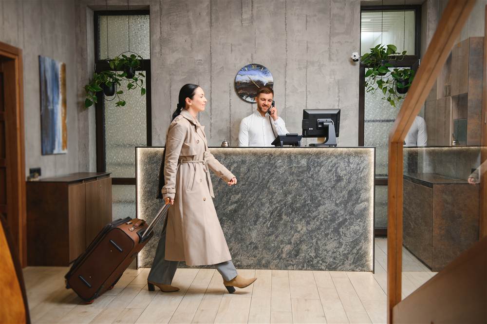 Hotel guest checking in at the front desk
