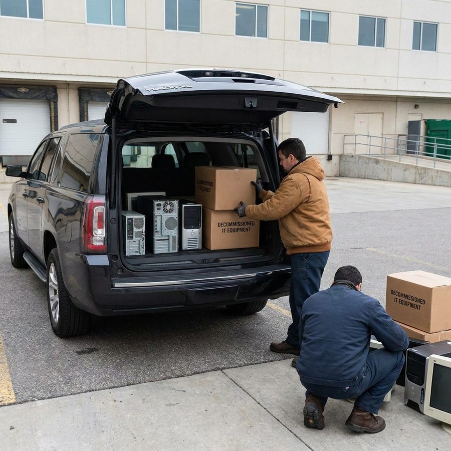 Technicians loading boxes of decommissioned IT equipment into a vehicle