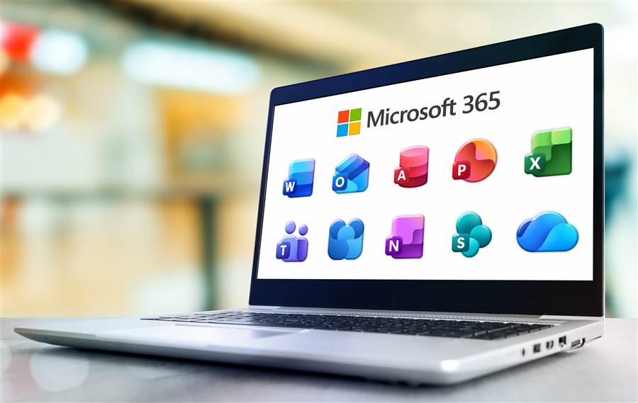 Laptop screen displaying Microsoft 365 app icons