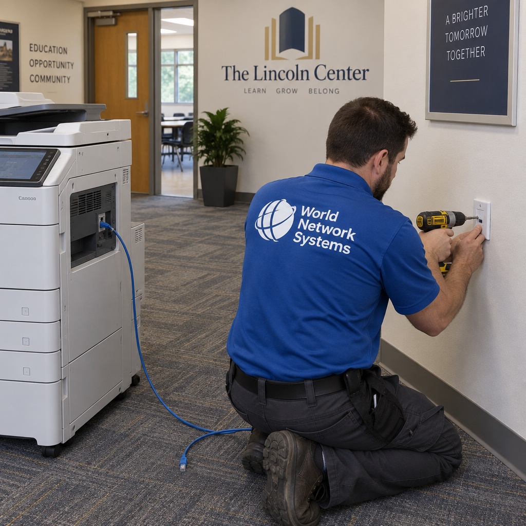 WNS technician running a network drop for a copier at The Lincoln Center